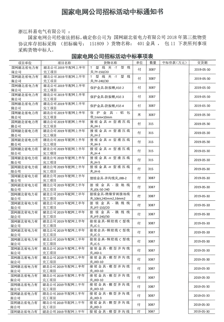 国家电网招标中标通知